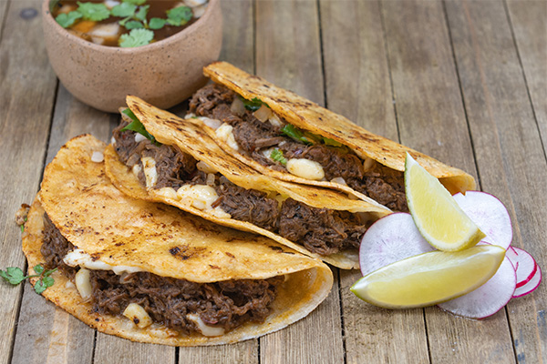 Three beef birria tacos, part of our Barclay-Kingston, Cherry Hill multi-cuisine choices.