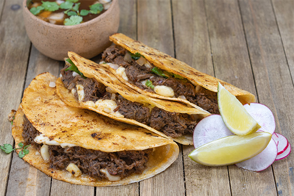 Three beef birria tacos, part of our Ellisburg, Cherry Hill multi-cuisine choices.