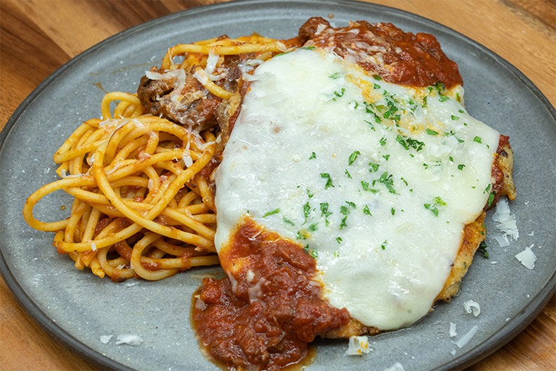 Chicken parmesan and spaghetti served at our food court near Stratford, New Jersey.