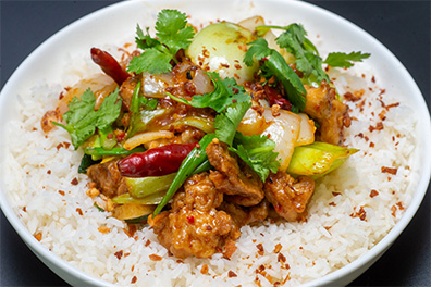 Rice bowl with chicken prepared at our takeout restaurant near Ashland, Cherry Hill.