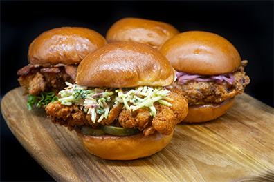 Four fried chicken sandwiches served at our restaurant near Barrington, New Jersey.