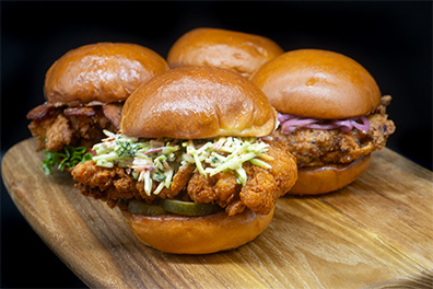 Four fried chicken sandwiches served at our restaurant near Clementon, New Jersey.